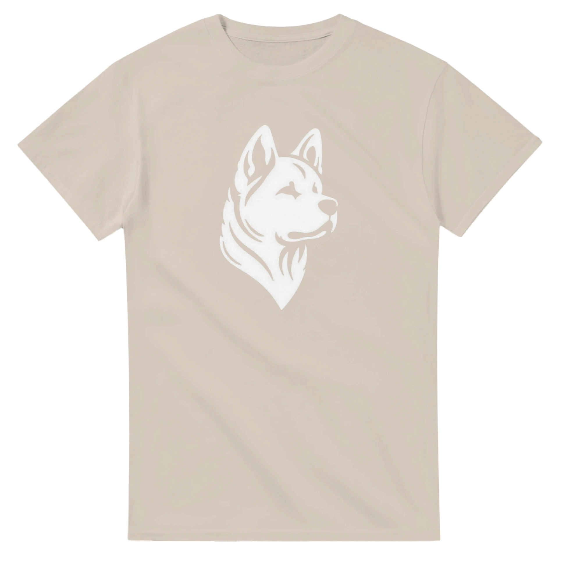 Beige t-shirt with a white dog graphic on a white background