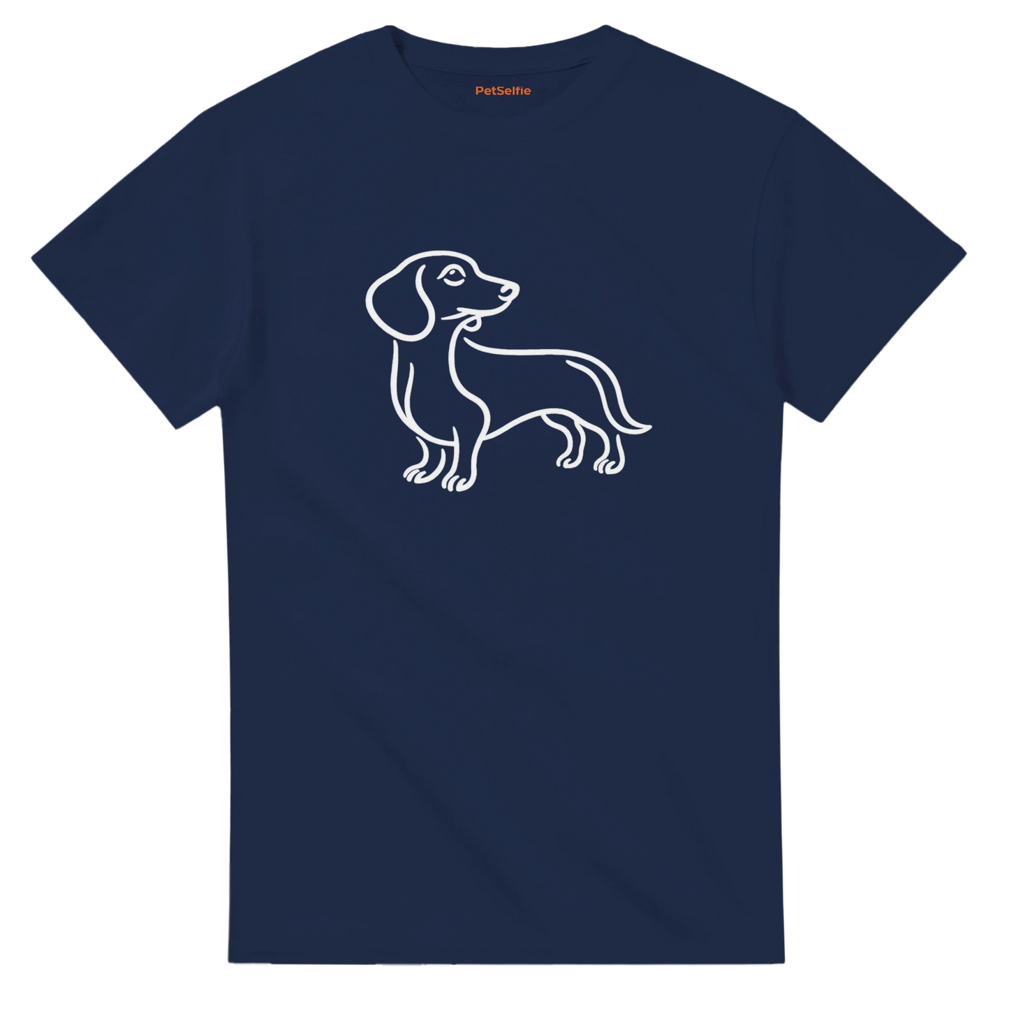 Navy blue t-shirt with a white dachshund outline on a white background