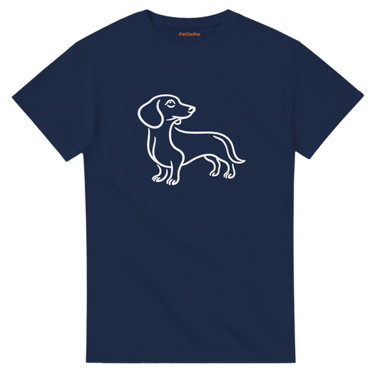 Navy blue t-shirt with a white dachshund outline on a white background