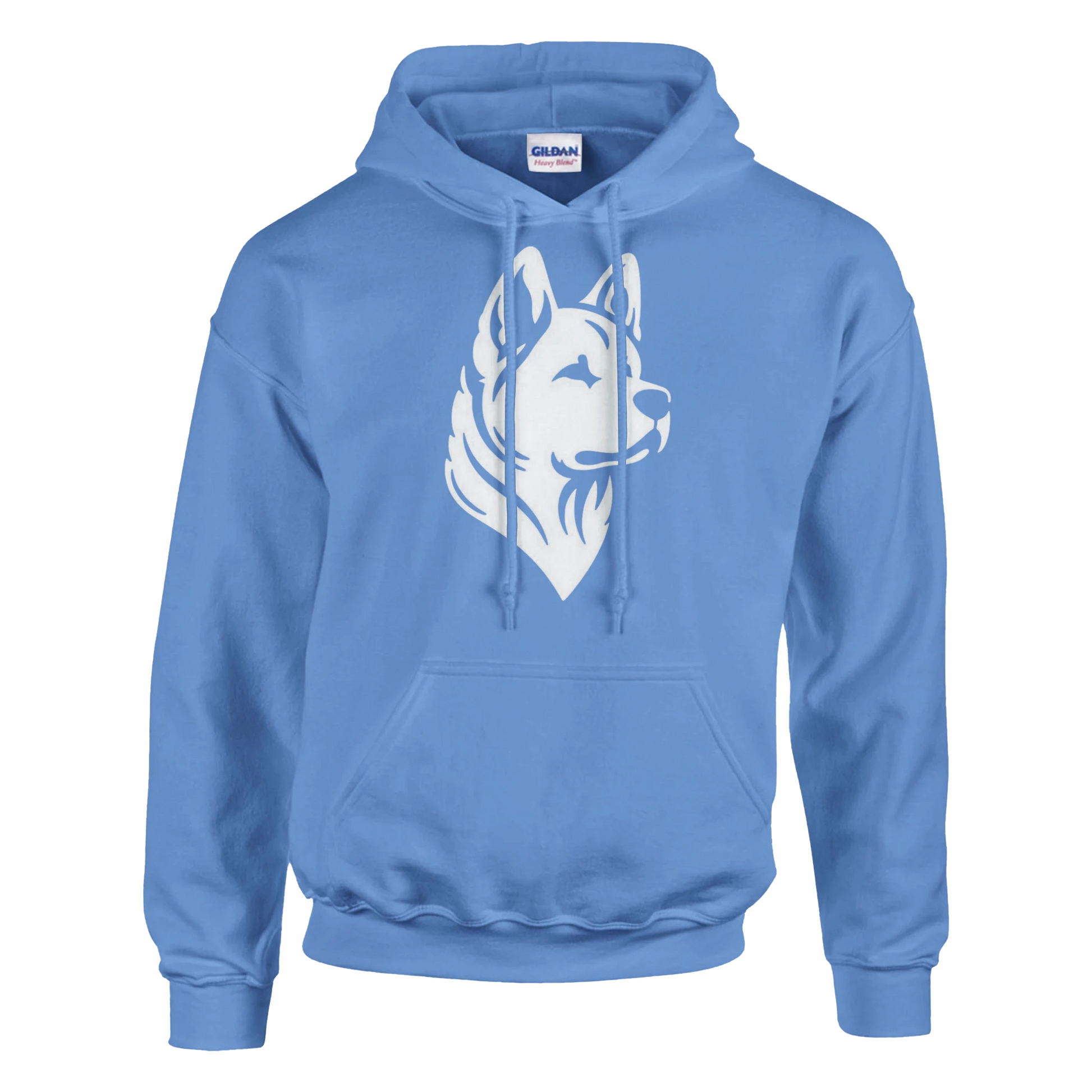 Blue hoodie with a white husky dog graphic on a white background