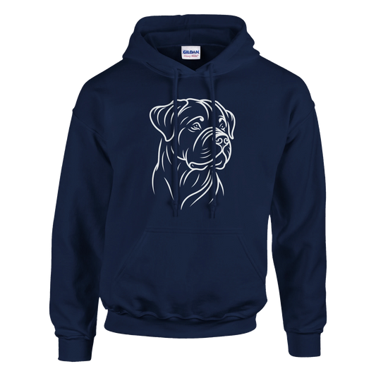 Navy blue hoodie with a rottweiler dog graphic on a white background
