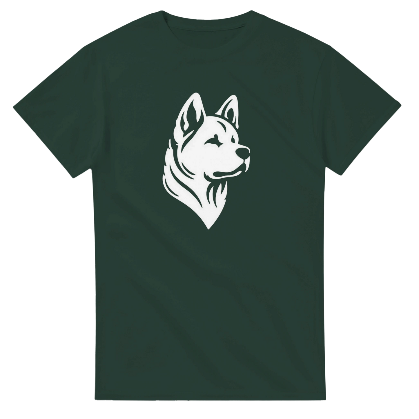 Green t-shirt with a white american akita graphic on a white background