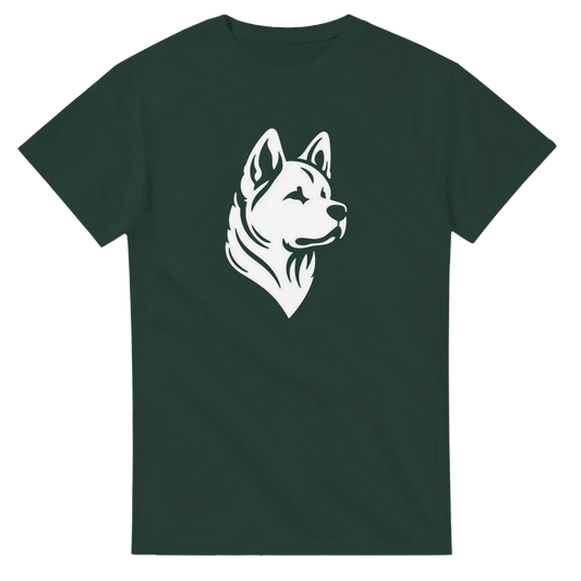 Green t-shirt with a white american akita graphic on a white background