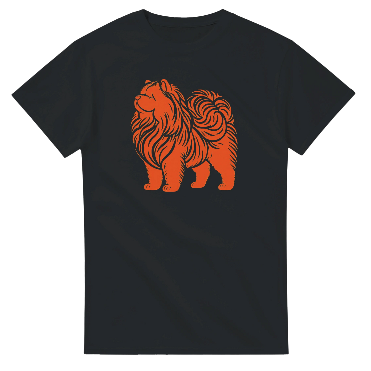 Black t-shirt with an orange chow chow dog graphic on a white background