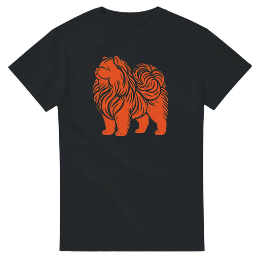 Black t-shirt with an orange chow chow dog graphic on a white background