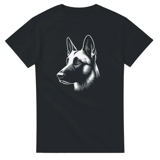 Black t-shirt with a graphic of a  belgian malinois dog head on a white background