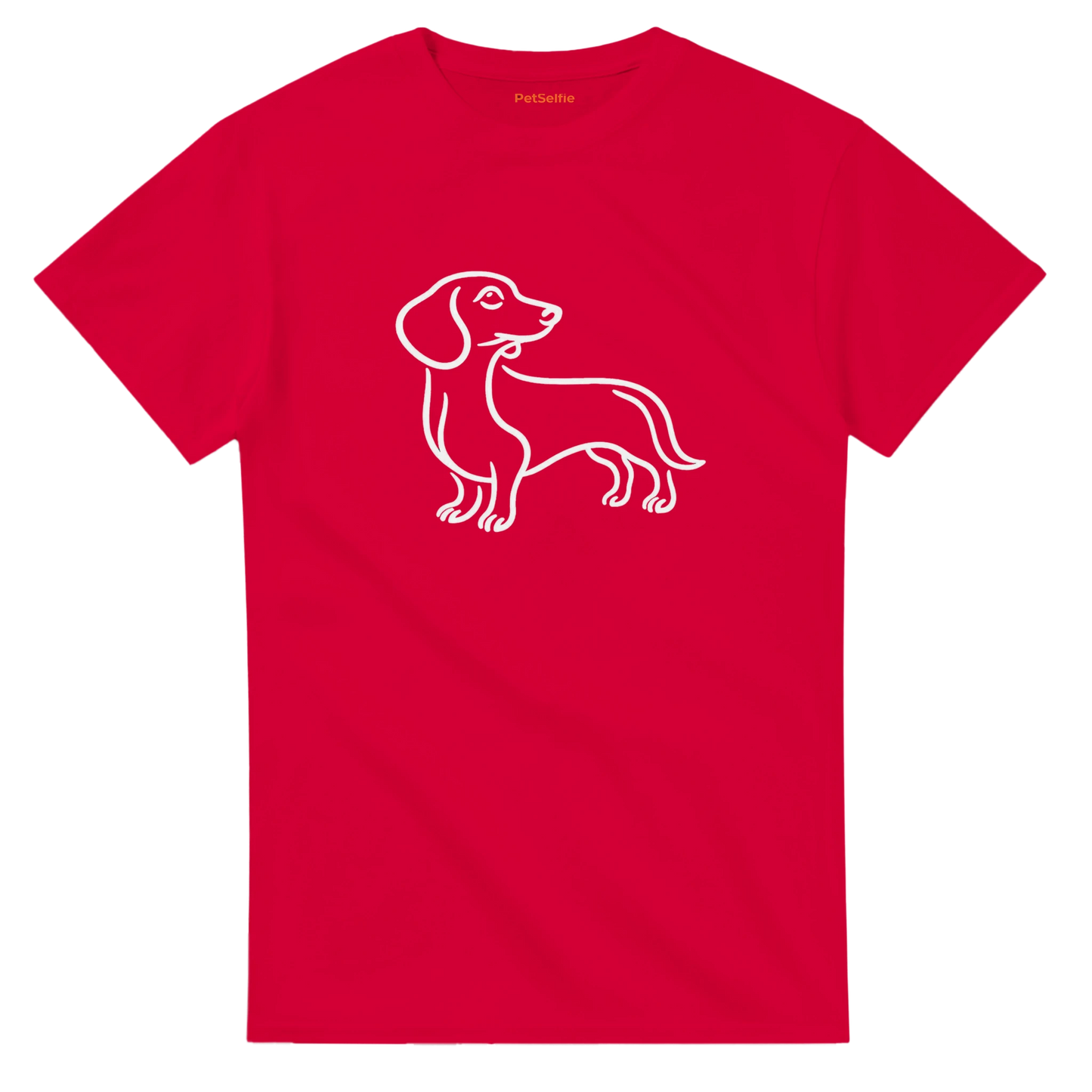 Red t-shirt with a white dachshund outline on a white background