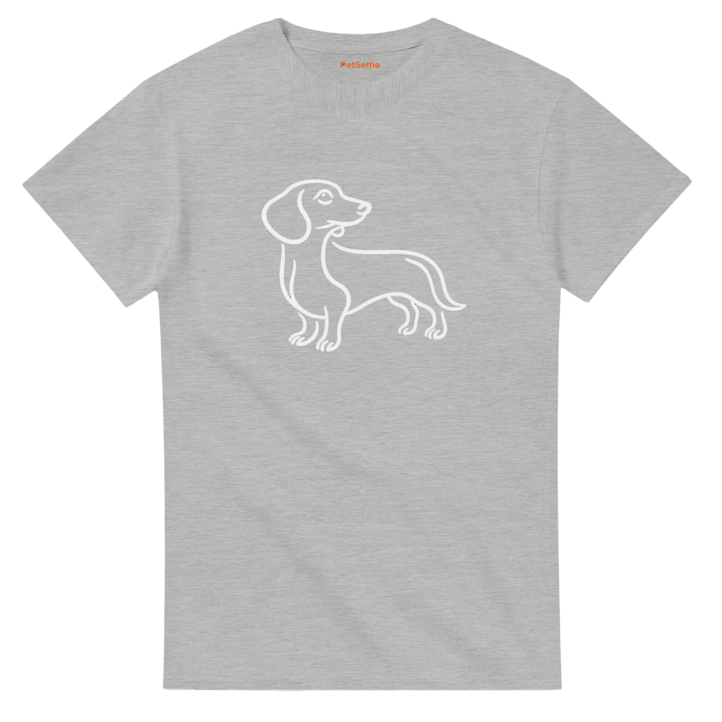 Gray t-shirt with a white outline of a dachshund on a white background