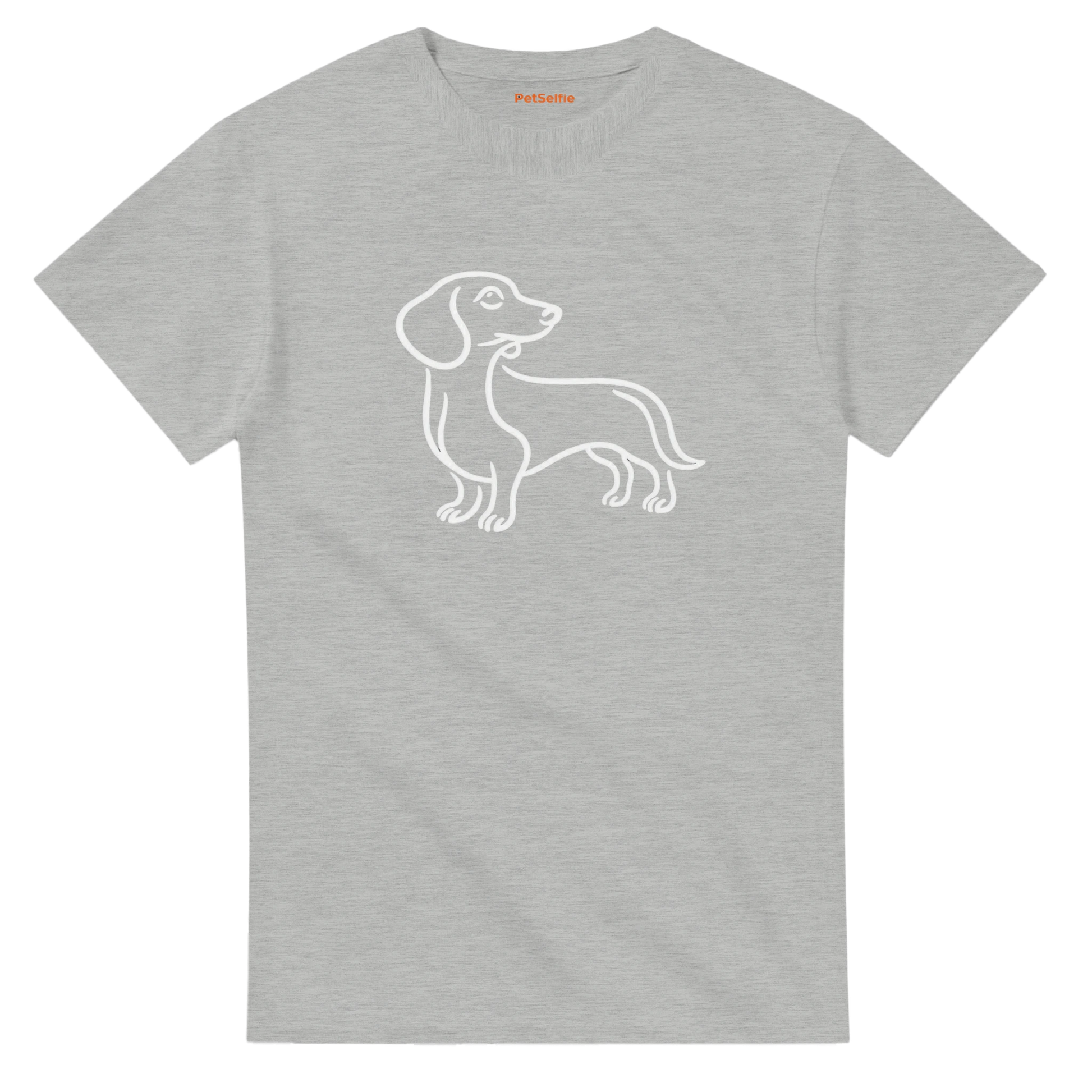 Gray t-shirt with a white outline of a dachshund on a white background