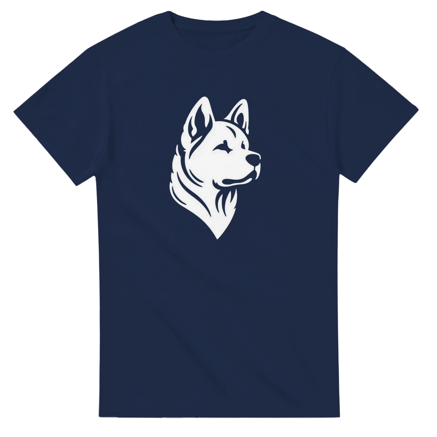 Navy blue t-shirt with a white dog graphic on a white background