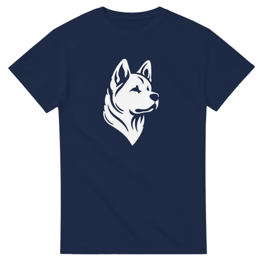 Navy blue t-shirt with a white dog graphic on a white background