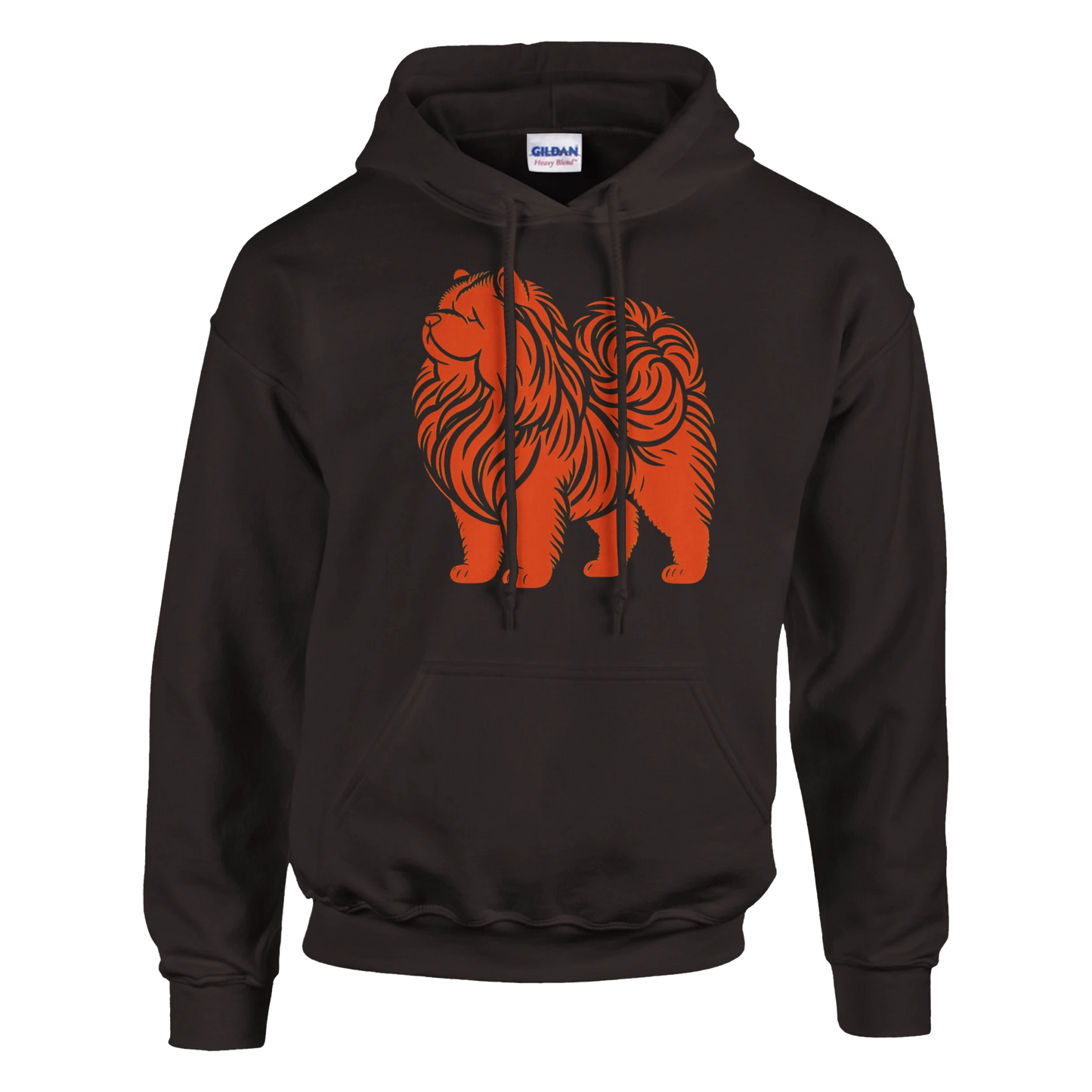 Brown hoodie with orange chow chow dog graphic on a white background