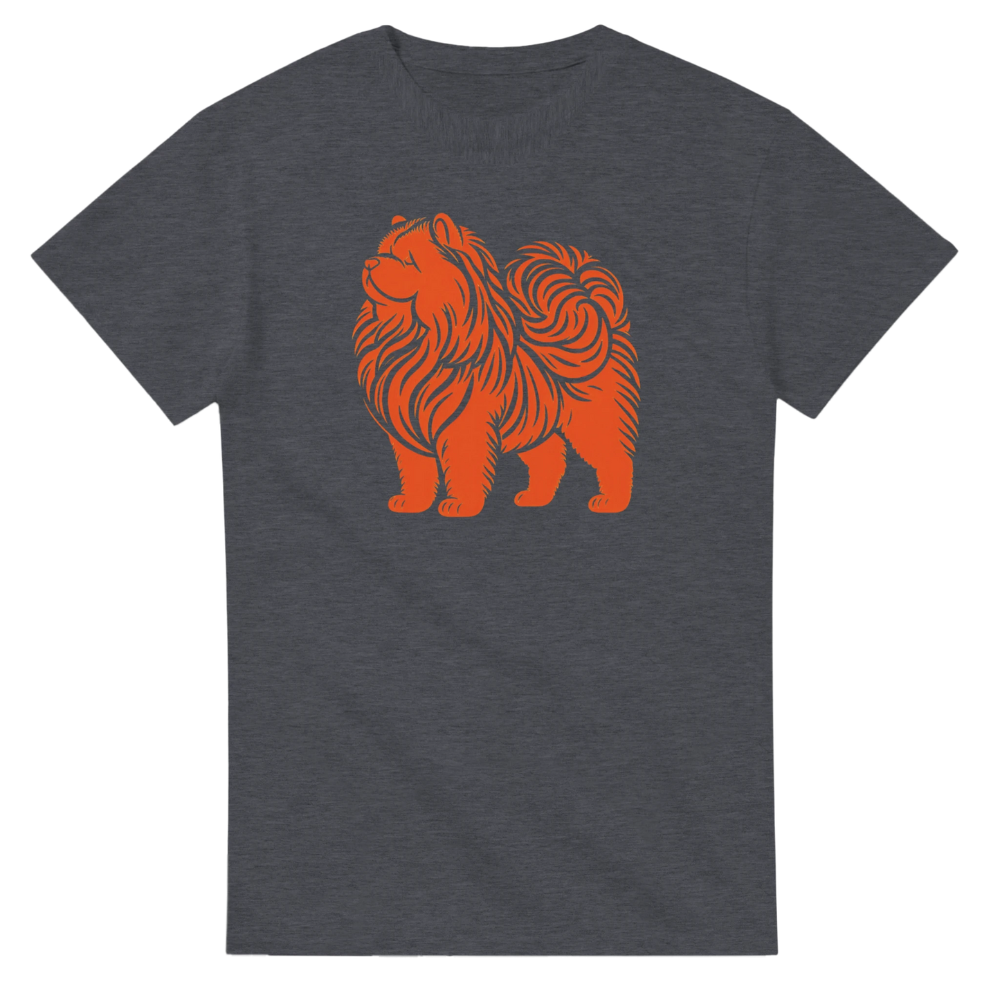 Dark gray t-shirt with an orange chow chow dog graphic on a white background