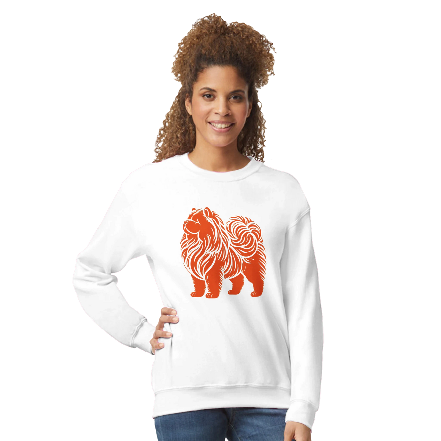 Woman wearing a white sweatshirt with an orange chow chow dog graphic on a white background