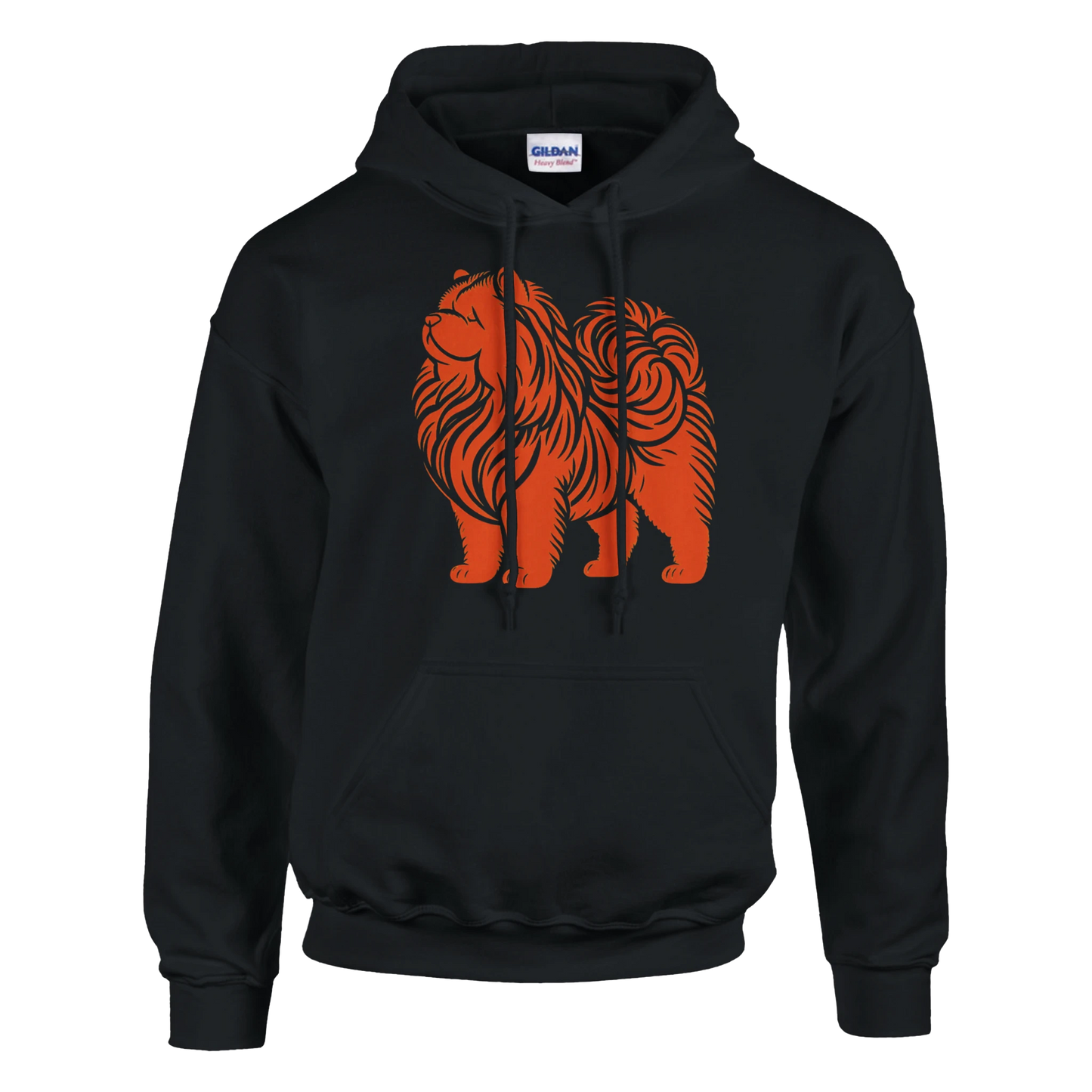 Black hoodie with orange chow chow dog graphic on a white background
