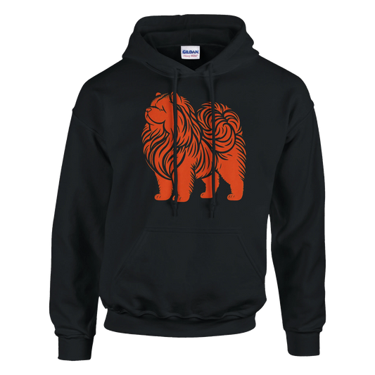 Black hoodie with orange chow chow dog graphic on a white background