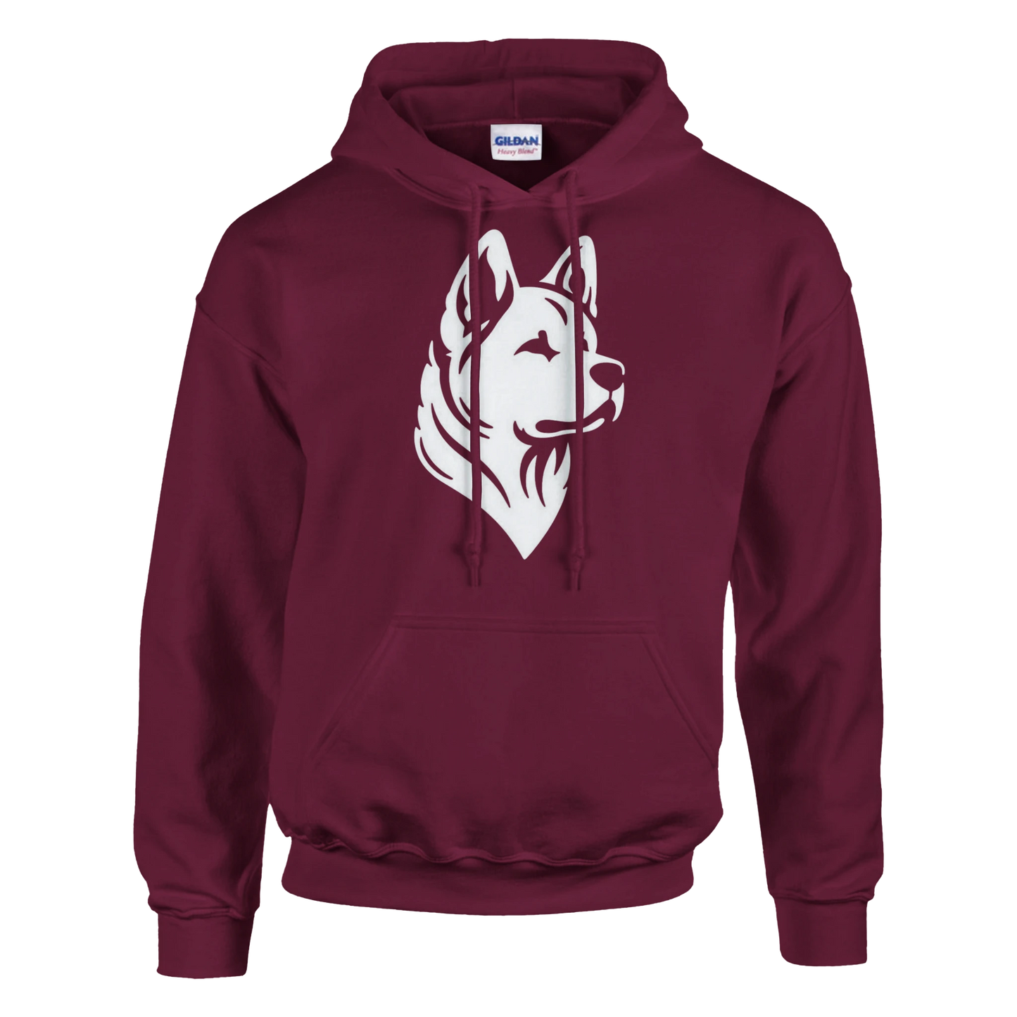 Maroon hoodie with a white  american akita silhouette on a white background