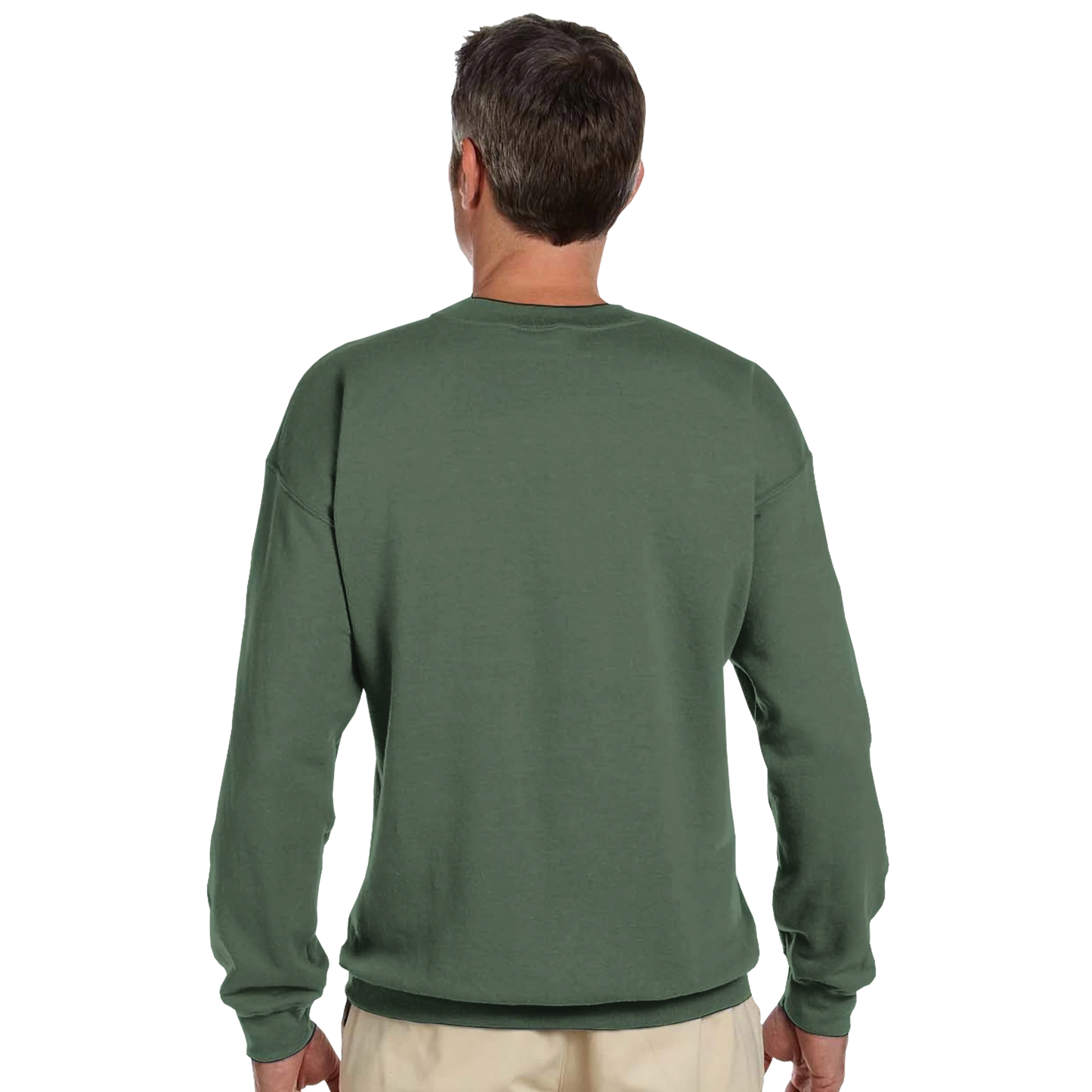 Man wearing a green long-sleeve shirt on a white background