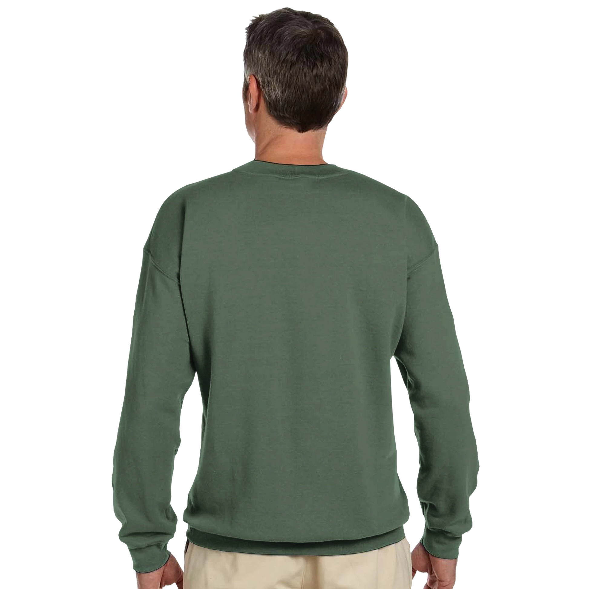 Man wearing a green long-sleeve shirt on a white background