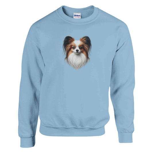 papillon dogs head on a blue sweatshirt