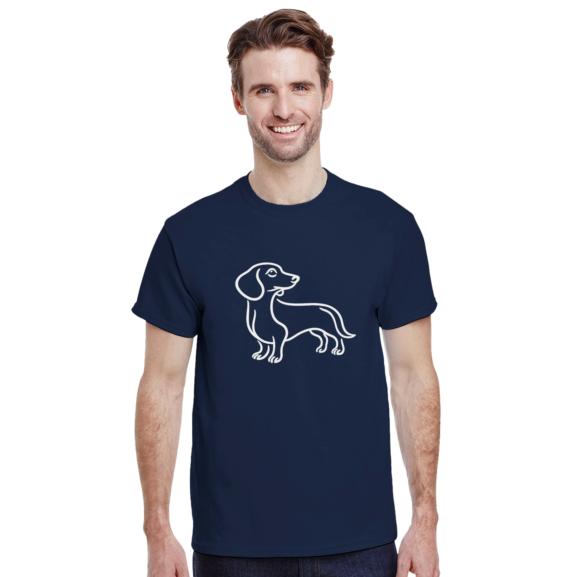Man wearing a navy blue t-shirt with a white dog graphic on a white background