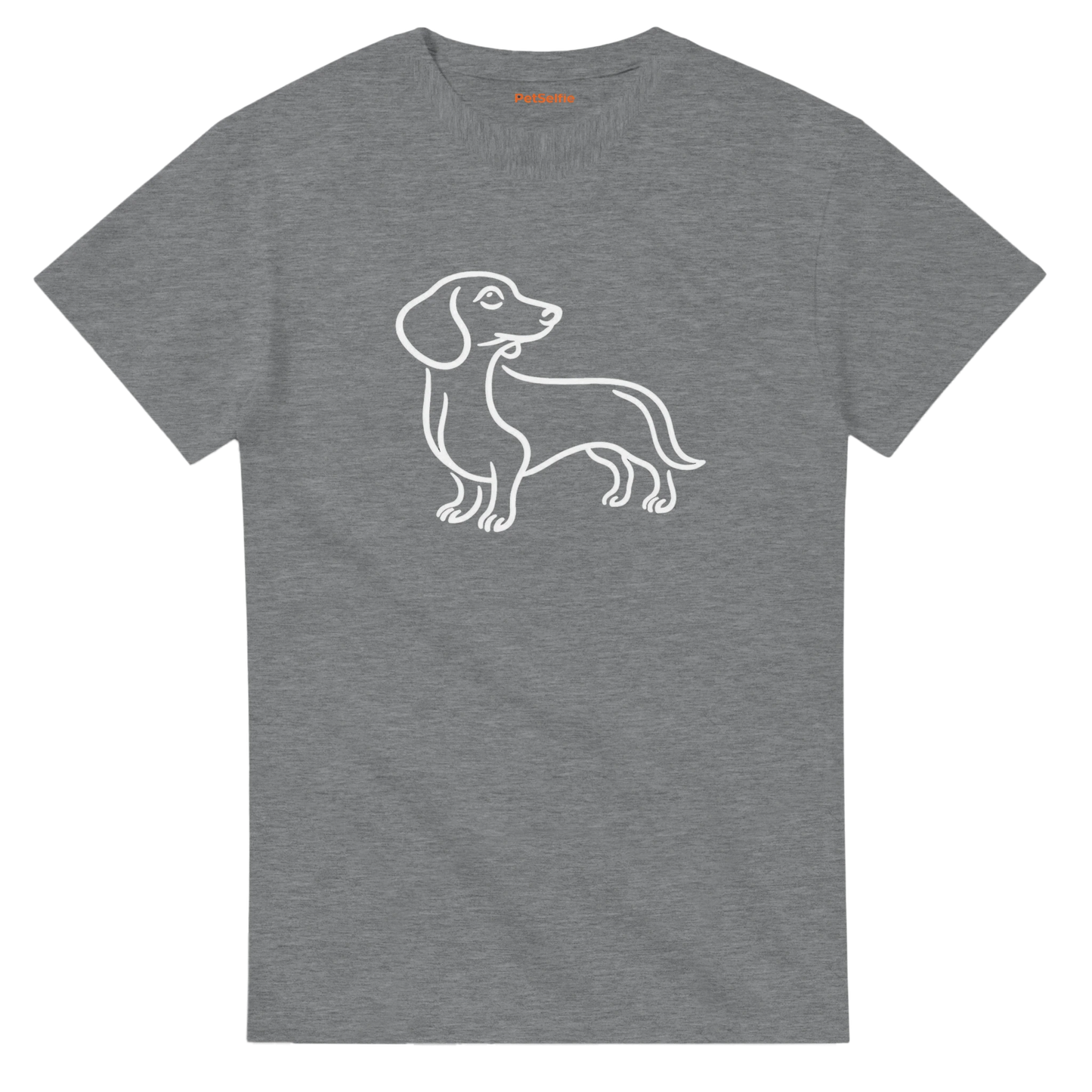 Gray t-shirt with a white dachshund outline on a white background