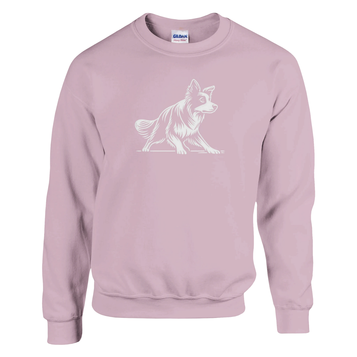 Pink sweatshirt with a border collie  dog graphic on a white background
