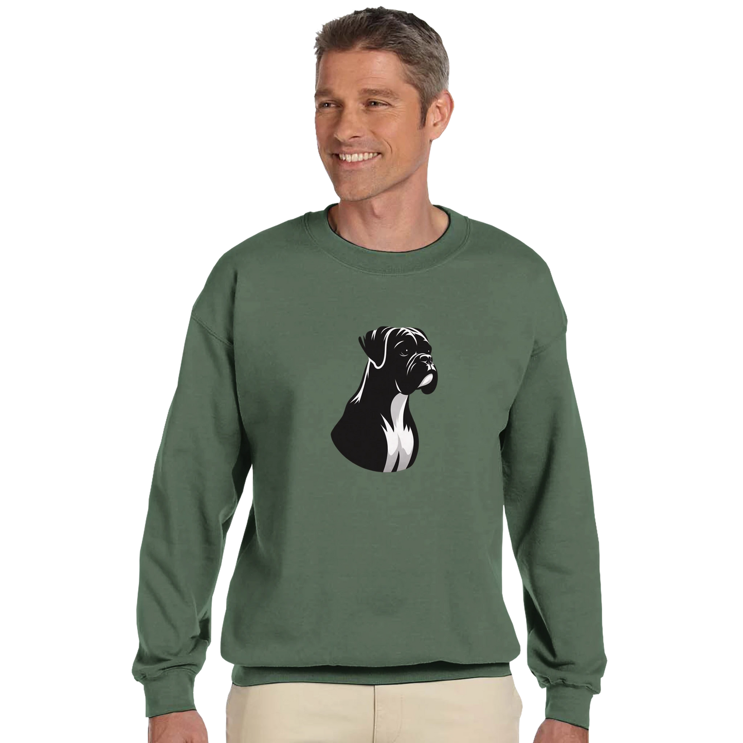 Man wearing a green sweatshirt with a black and white boxer dog graphic on a white background