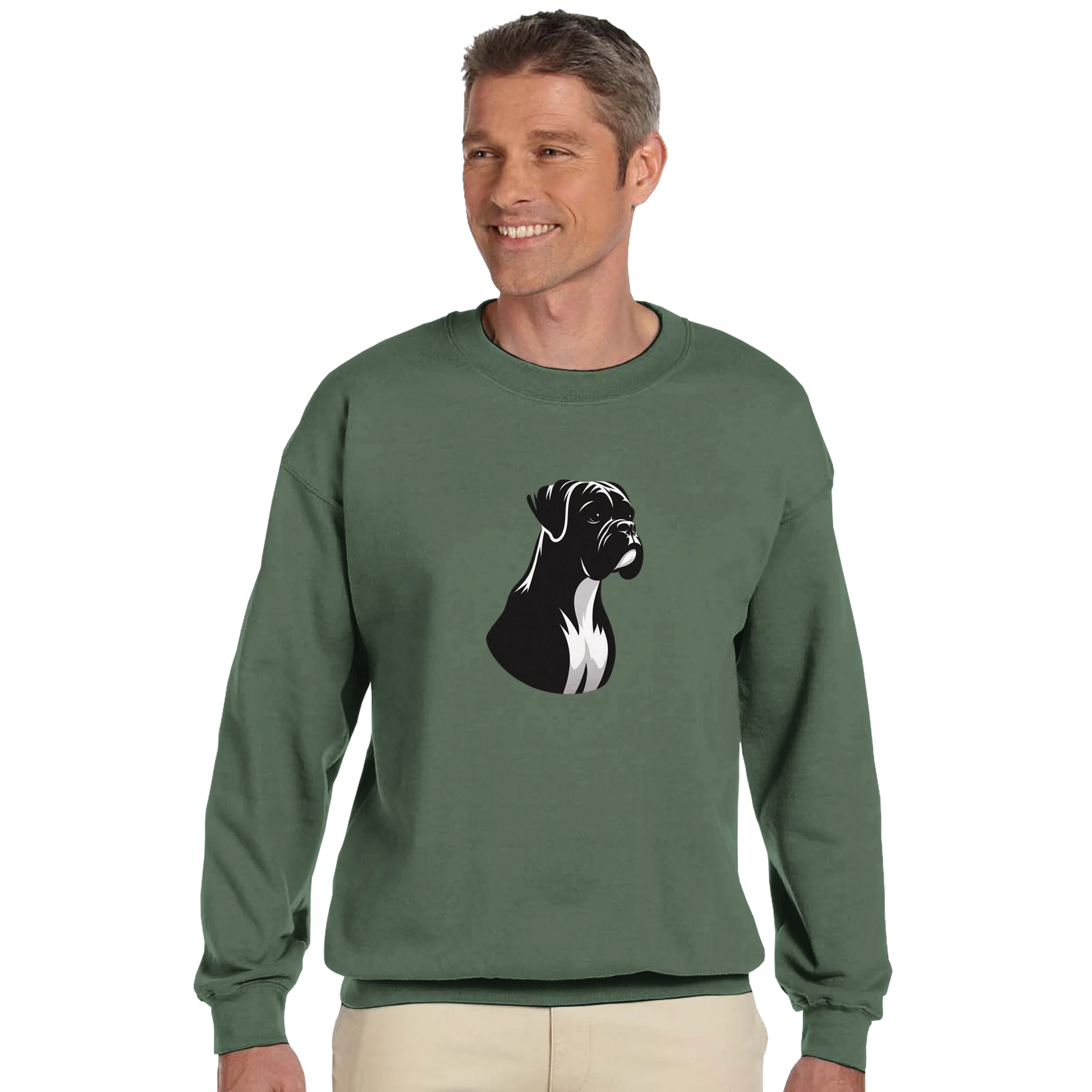 Man wearing a green sweatshirt with a black and white boxer dog graphic on a white background