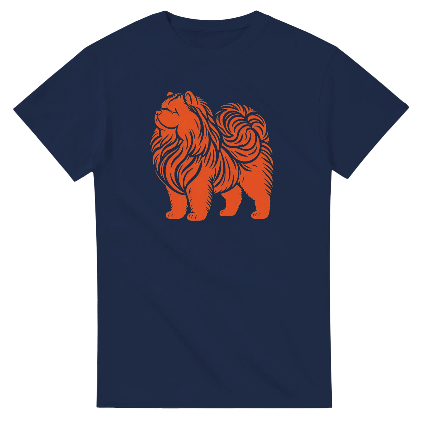 Navy blue t-shirt with an orange  chow chow dog graphic on a white background