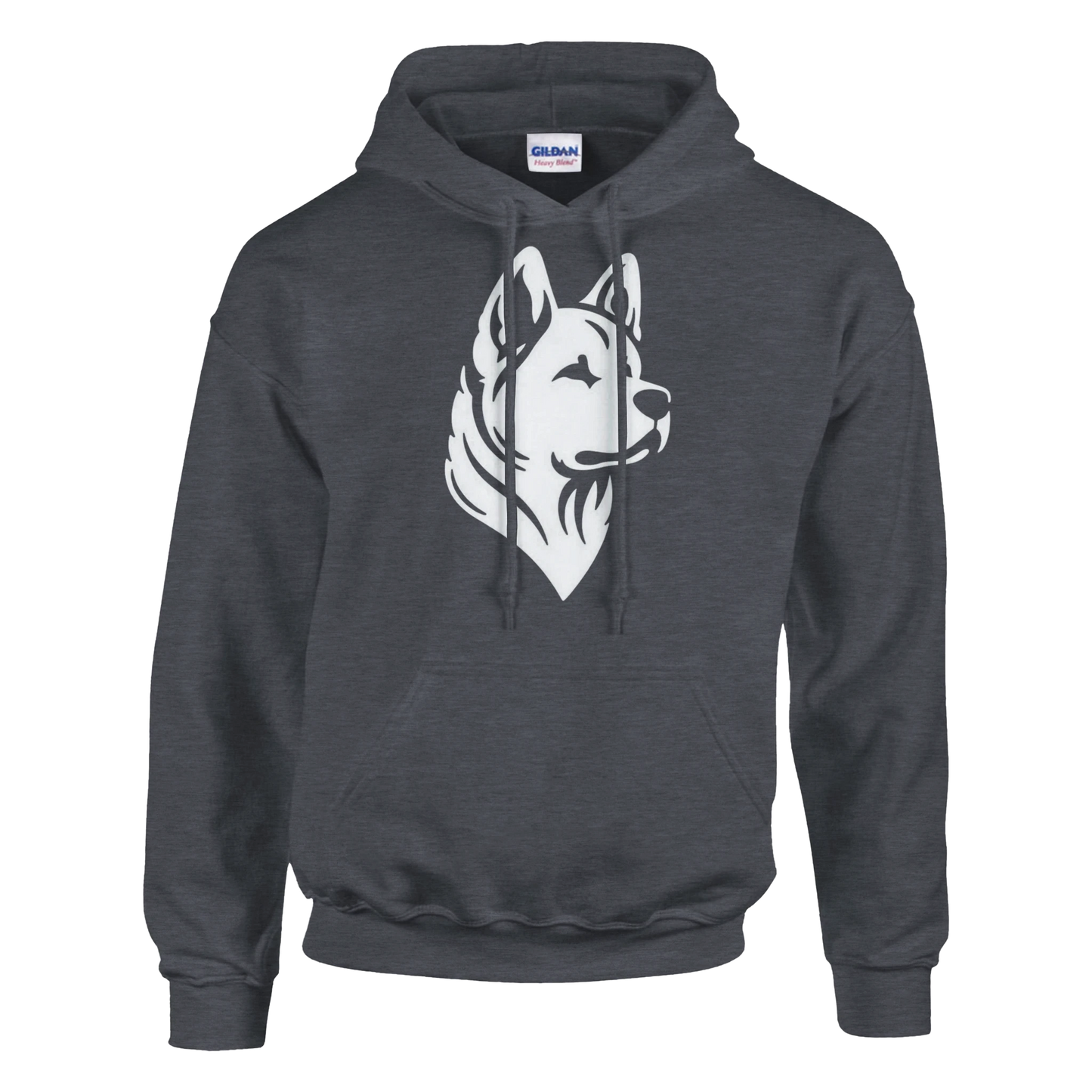 Dark gray hoodie with a white american akita logo on a white background
