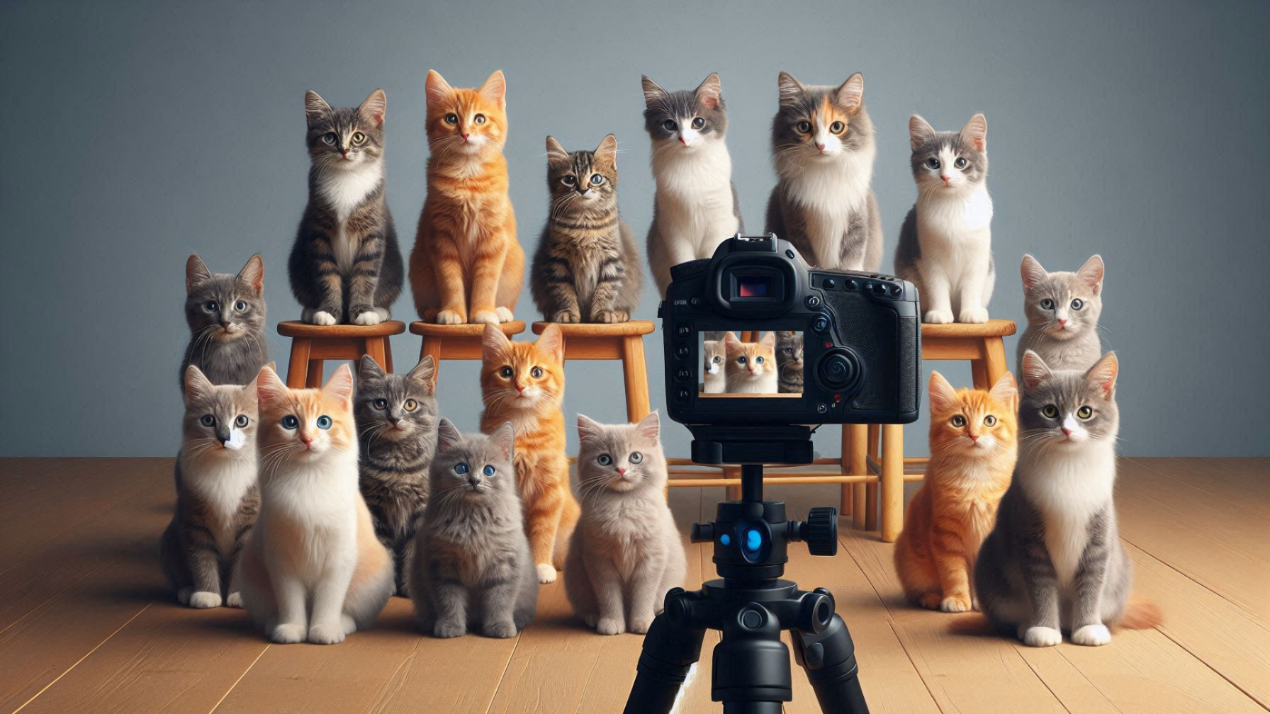 kittens sitting on stools waiting for a photograph 