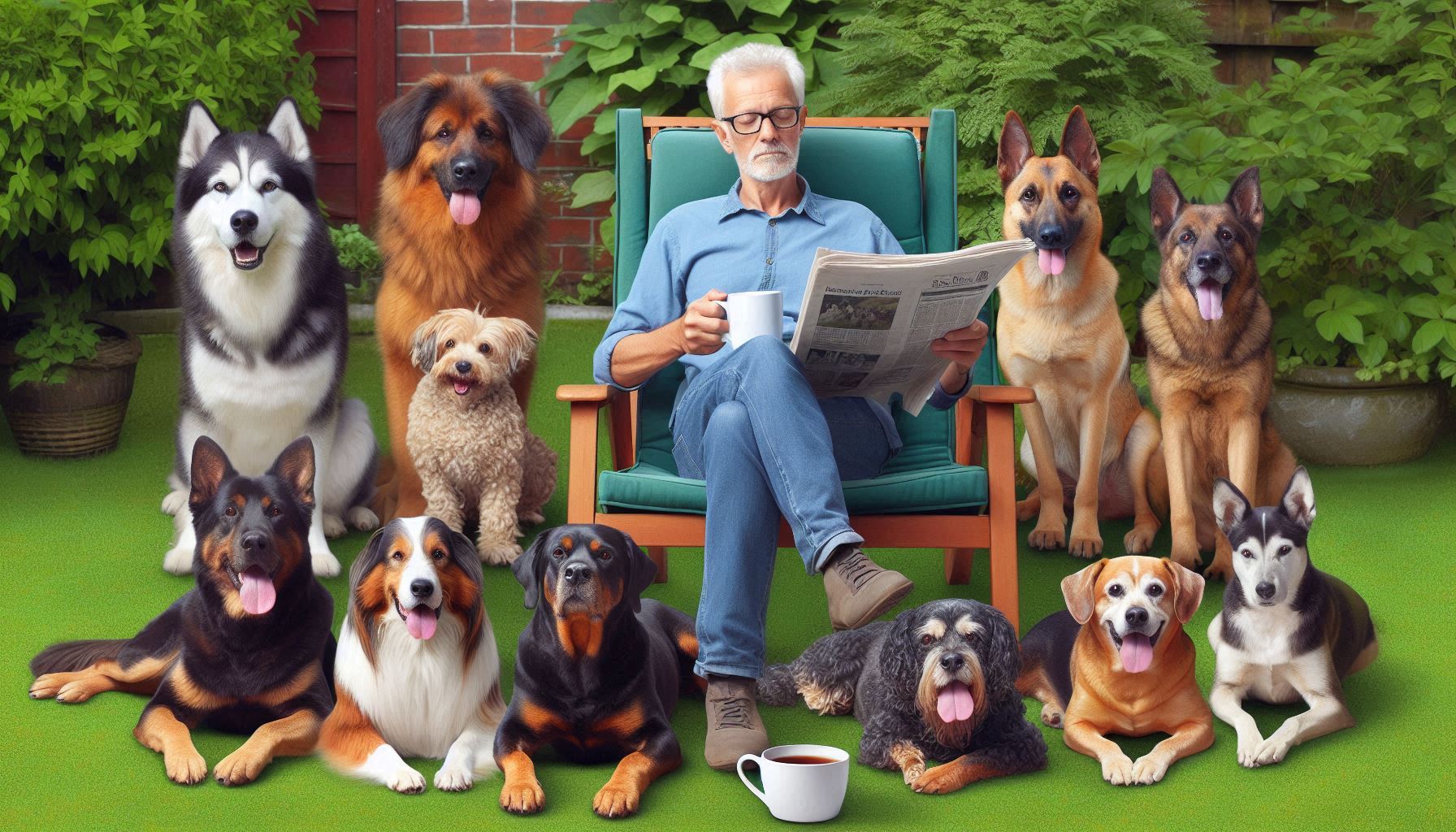 father sitting in his garden surrounded by different dog breeds