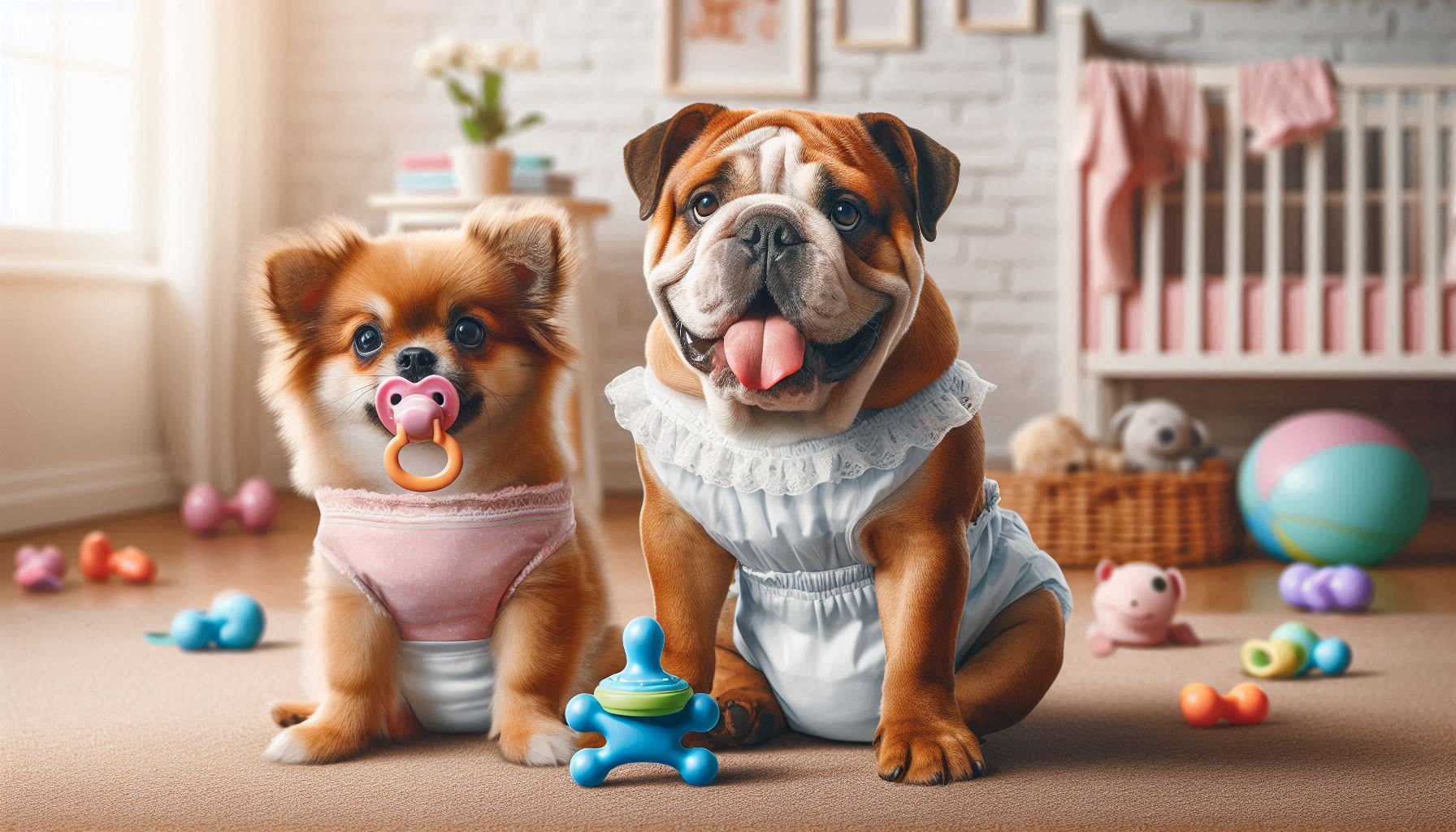 puppy chihuahua and bulldog puppy wearing nappies and sucking a dummy