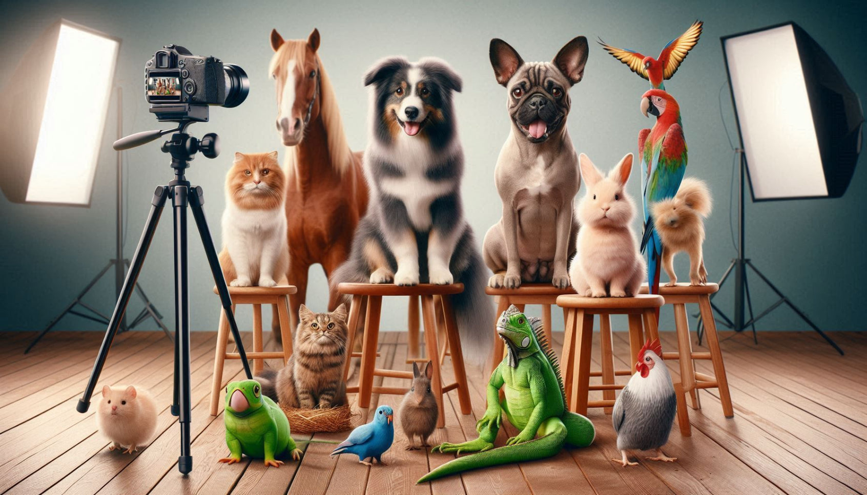 lots of different pets sitting on stools posing for a photograph 