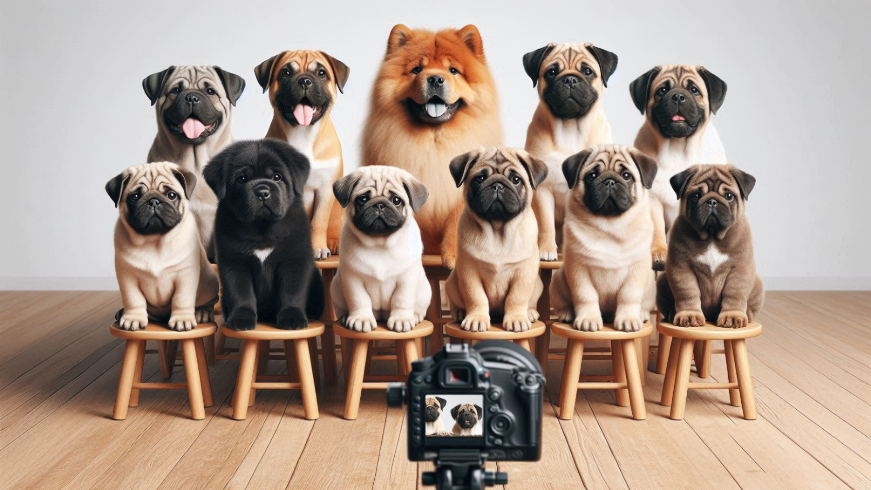 puppies sitting on stool posing in front of a camera
