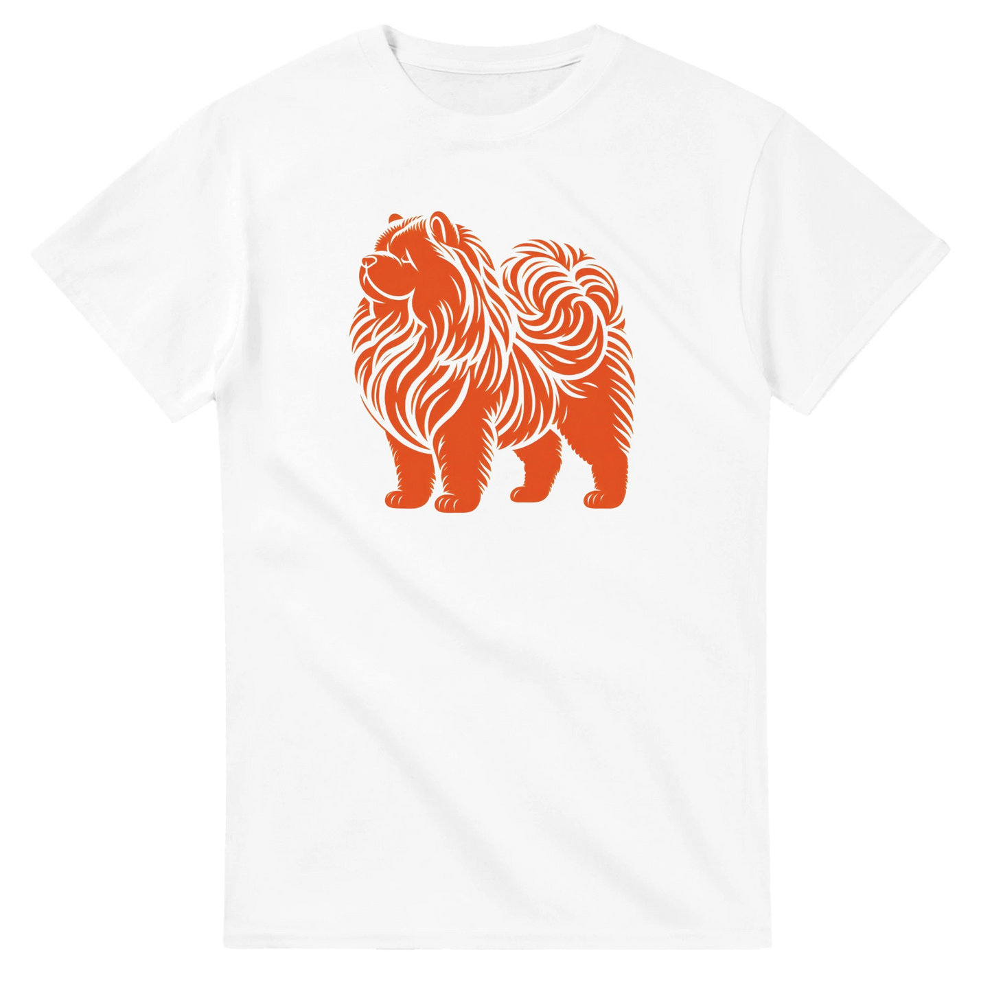 White t-shirt with an orange chow chow dog graphic on a white background