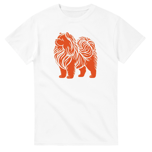 White t-shirt with an orange chow chow dog graphic on a white background
