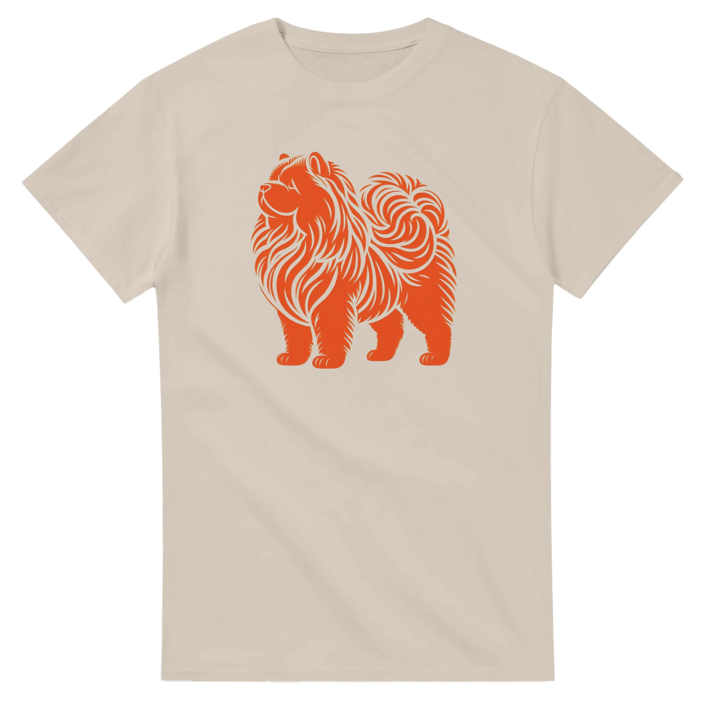 Beige t-shirt with an orange chow chow dog graphic on a white background