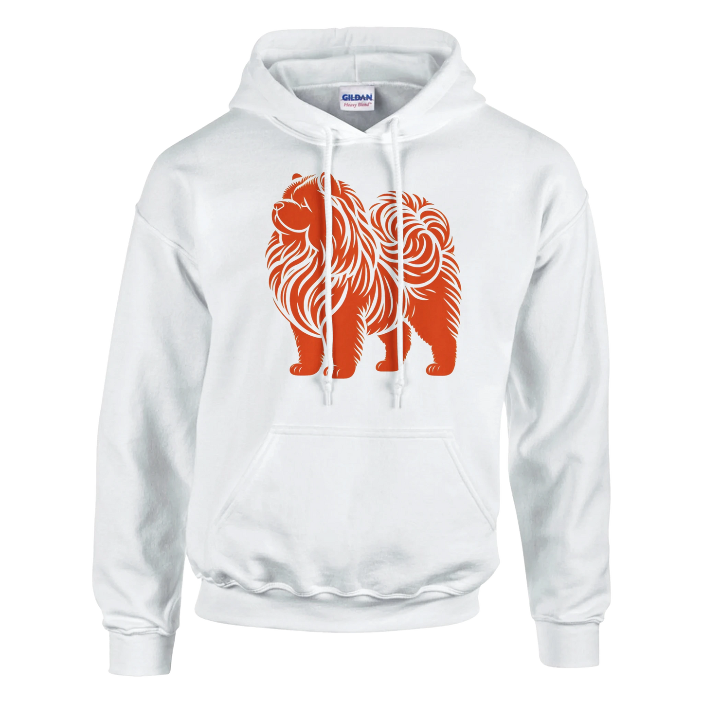 White hoodie with orange chow chow dog graphic on a white background