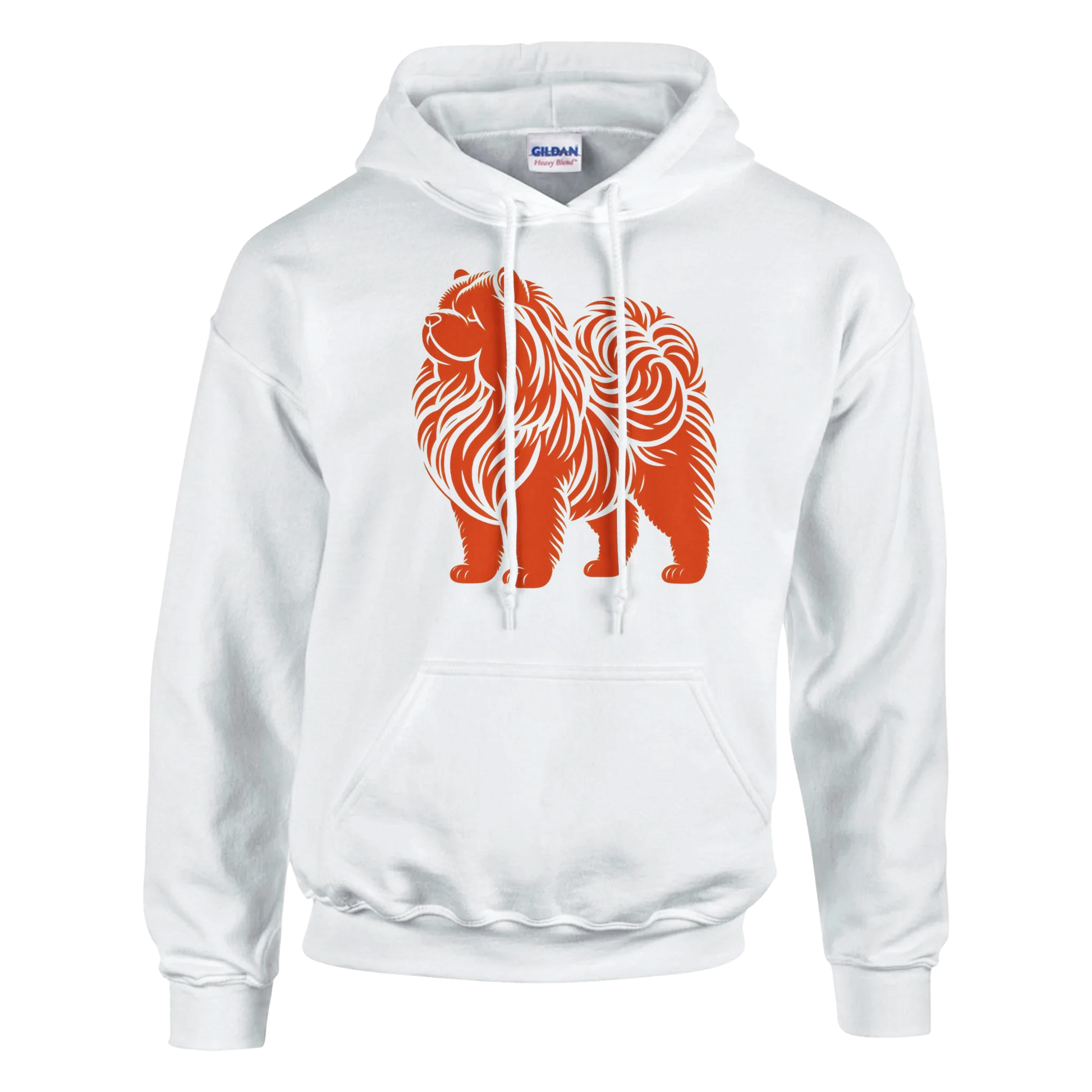 White hoodie with orange chow chow dog graphic on a white background