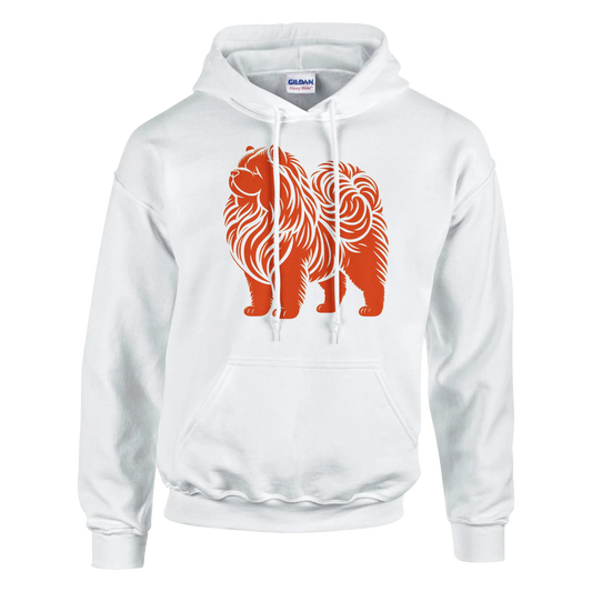 White hoodie with orange chow chow dog graphic on a white background