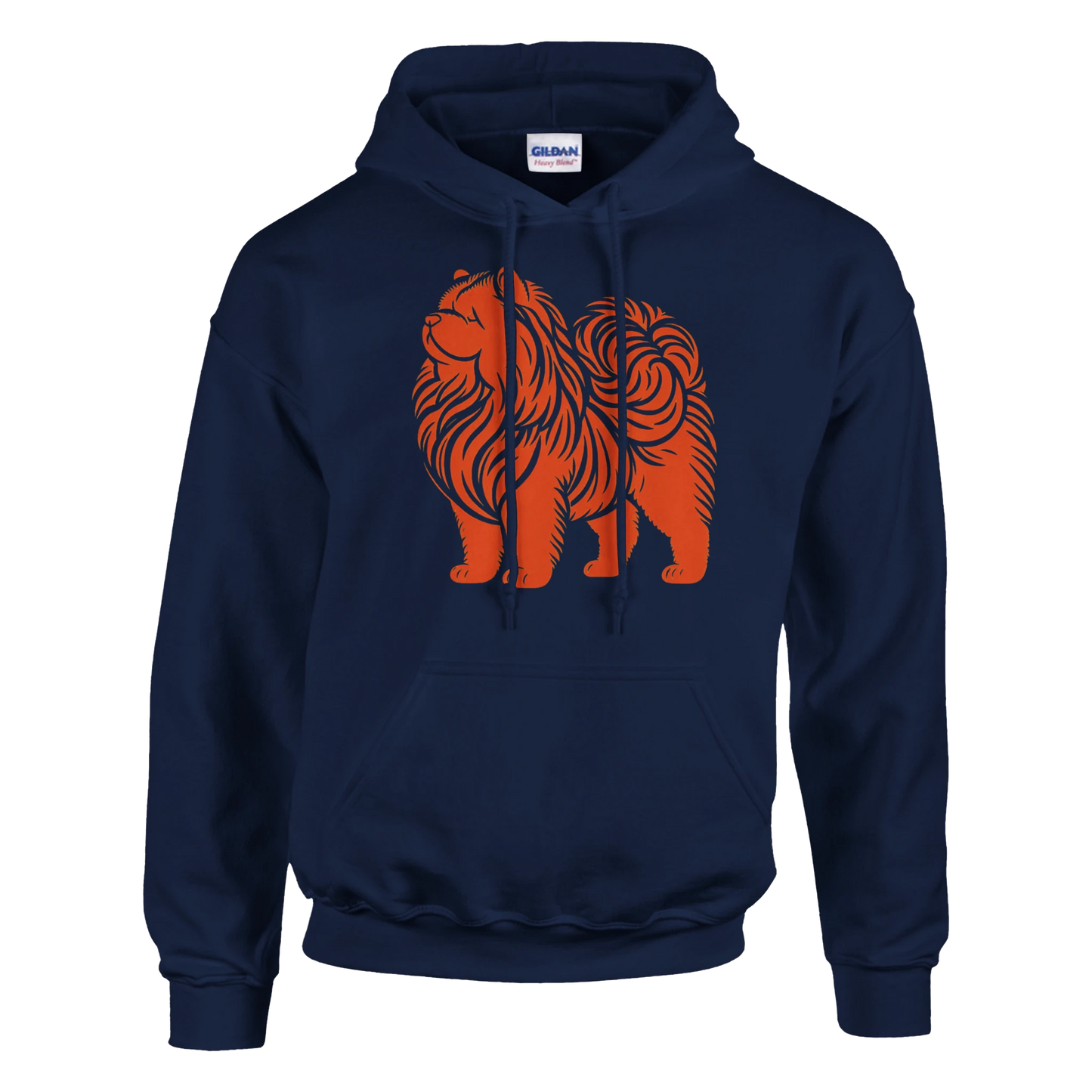 Navy blue hoodie with orange chow chow dog graphic on a white background