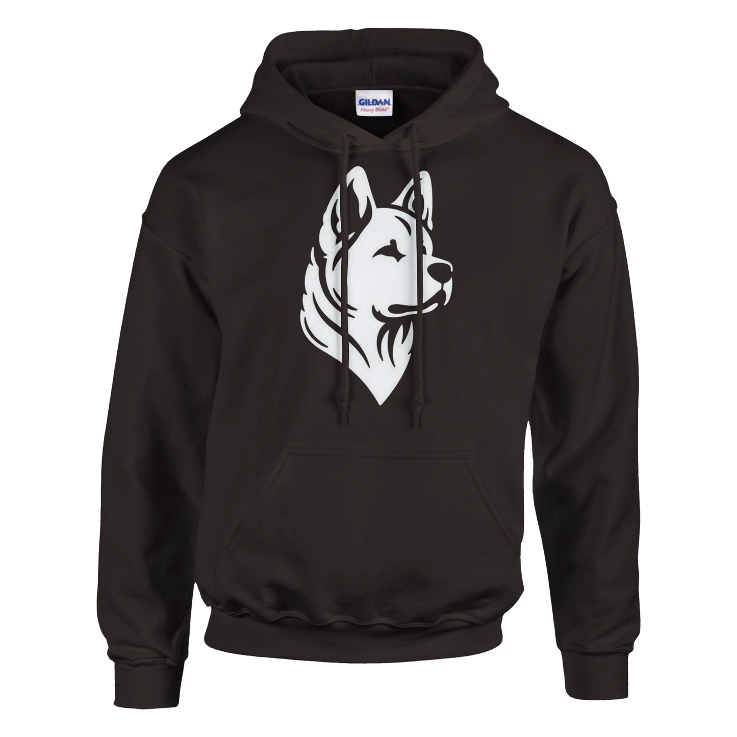 Black hoodie with a white american akita graphic on a white background