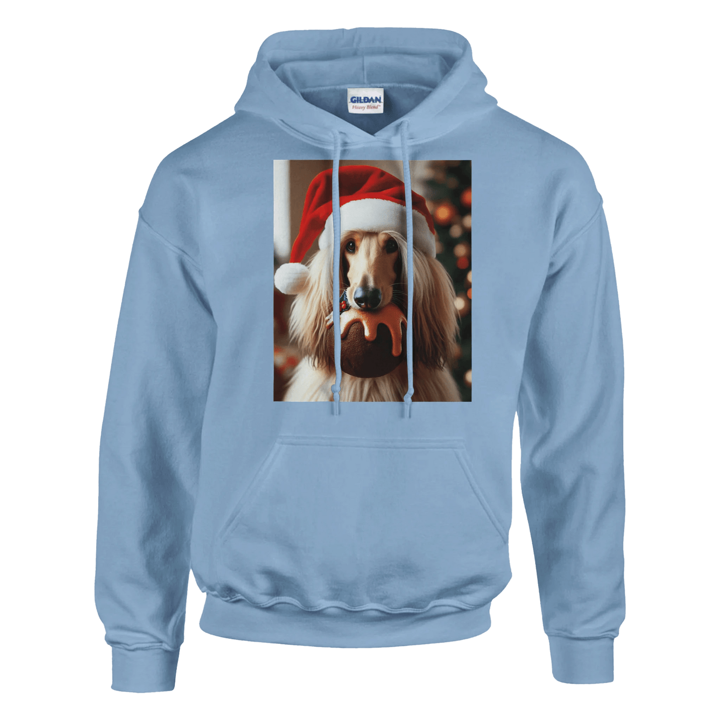 Light blue hoodie with a dog wearing a Santa hat graphic on a green background