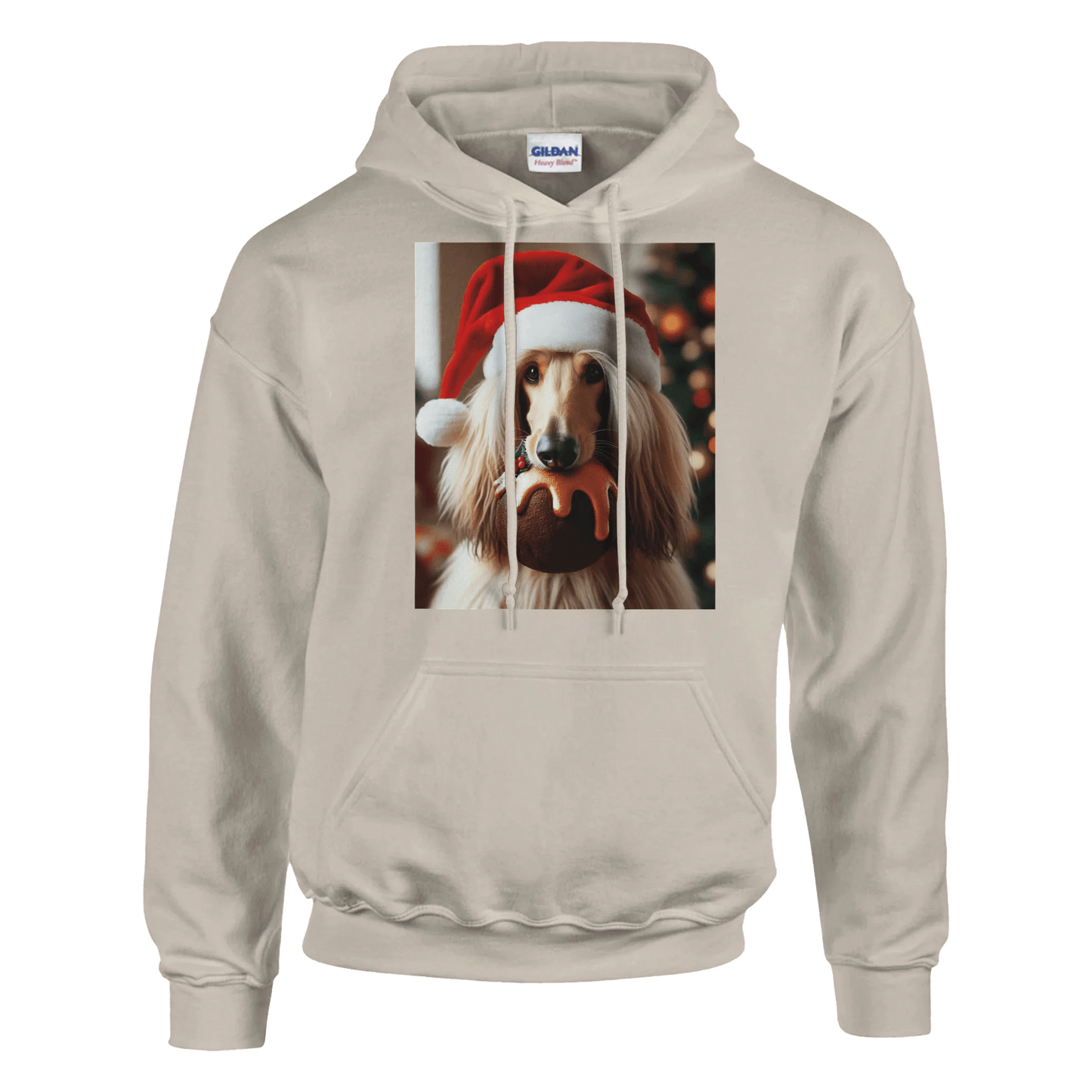 Beige hoodie with a dog wearing a Santa hat on a transparent background
