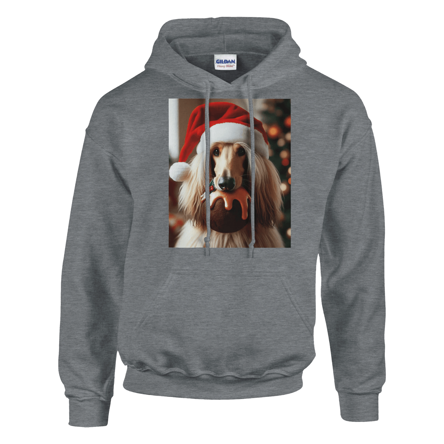 Gray hoodie with a dog wearing a Santa hat graphic on a transparent background
