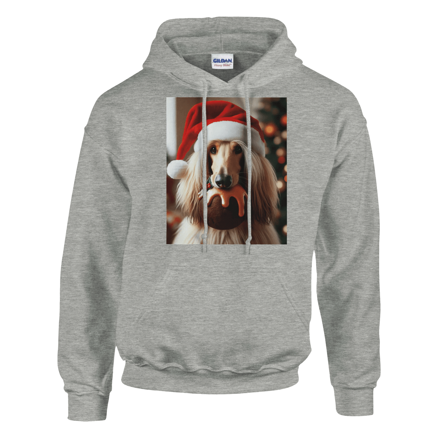 Gray hoodie with a printed design of a dog wearing a Santa hat on a green background