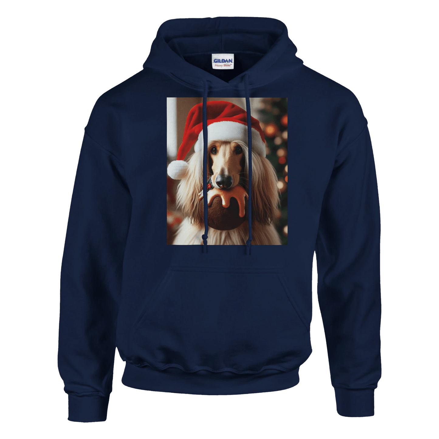 Navy blue hoodie with a dog wearing a Santa hat and holding a present on the front pocket.