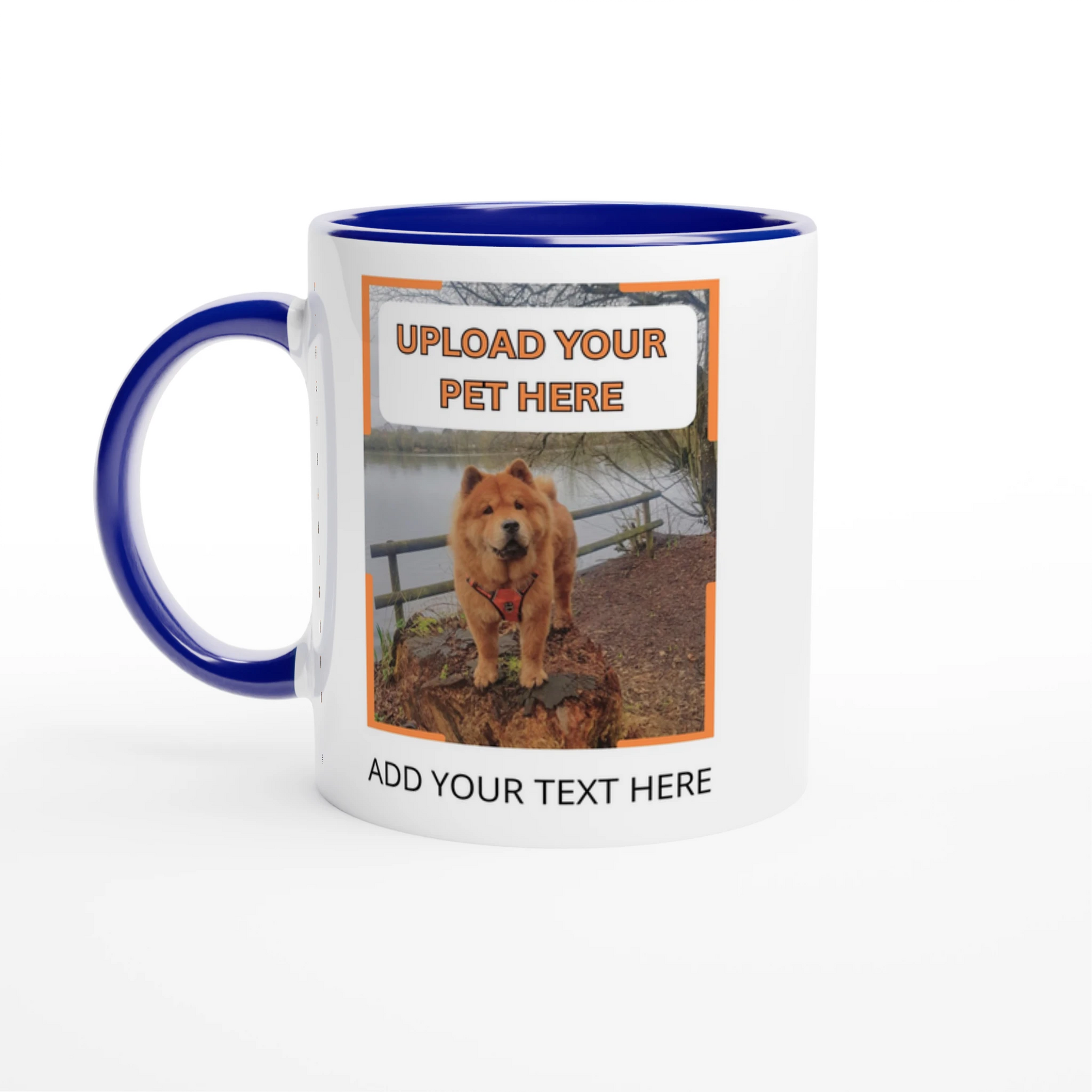 Blue Personalised ceramic mug with vibrant colour interior, featuring custom pet photo design, stylish and durable drinkware for pet lovers from PetSelfie